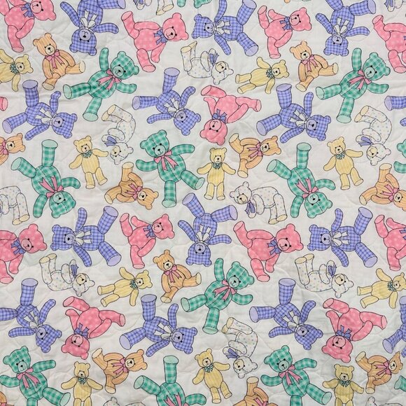 Vintage Teddy Bear Baby Quilt Purple Pink Ruffle Cottage - Picture 5 of 5